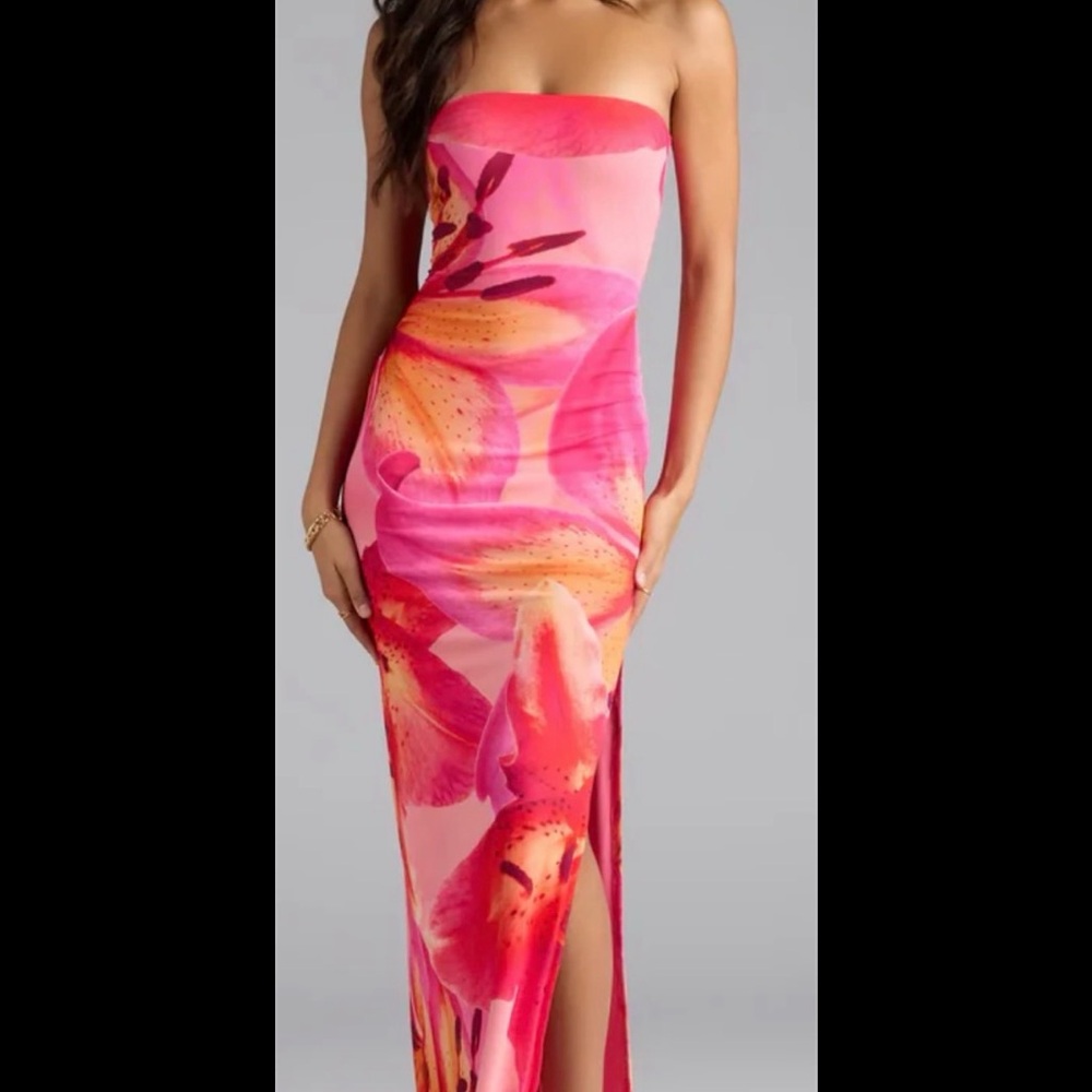 Windsor Strapless Pink & Coral Floral Maxi Dress